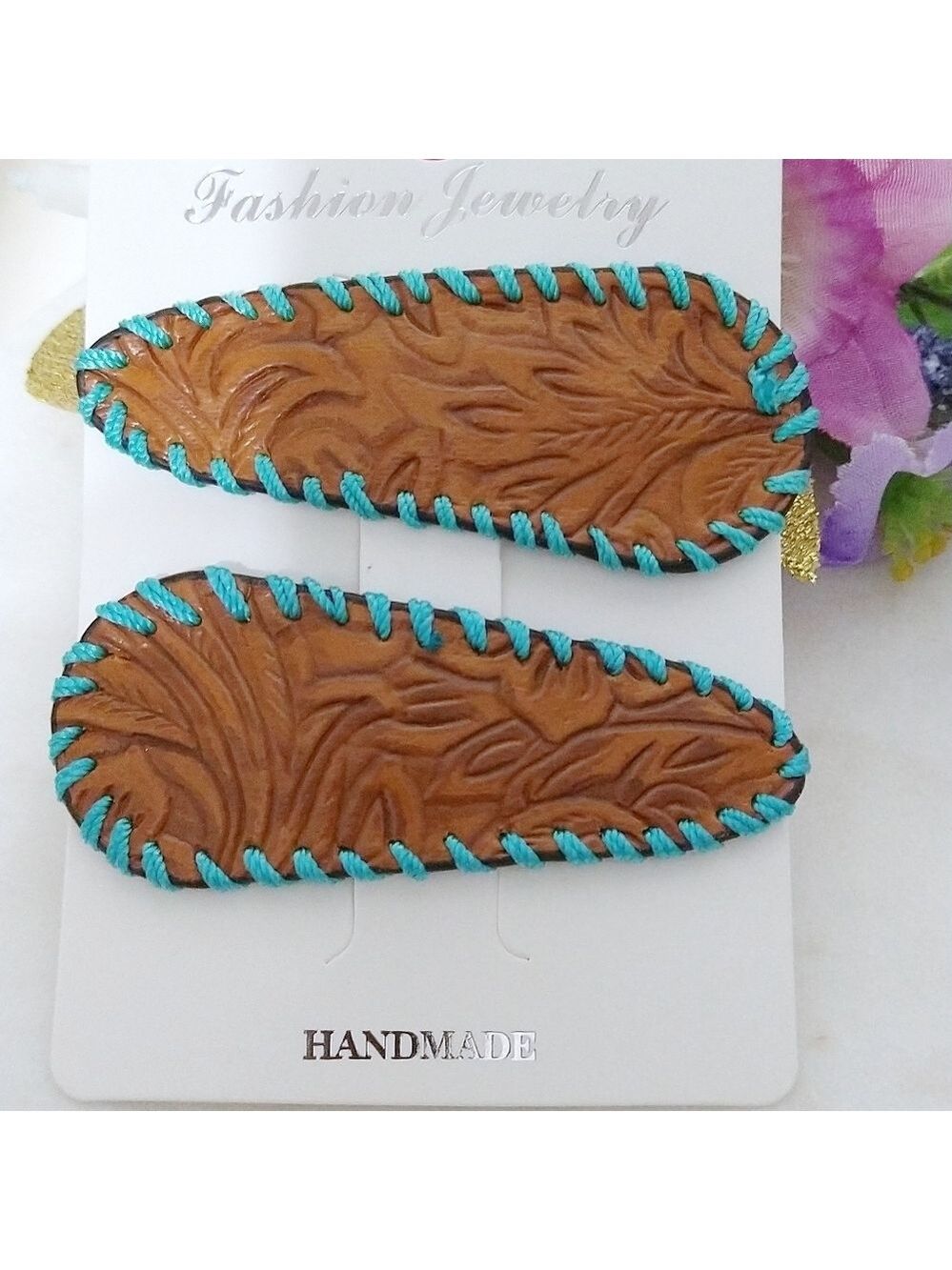 NWT Western Style Tooled Leather Hair Pin Set